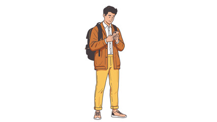 Young man with backpack looking at phone.