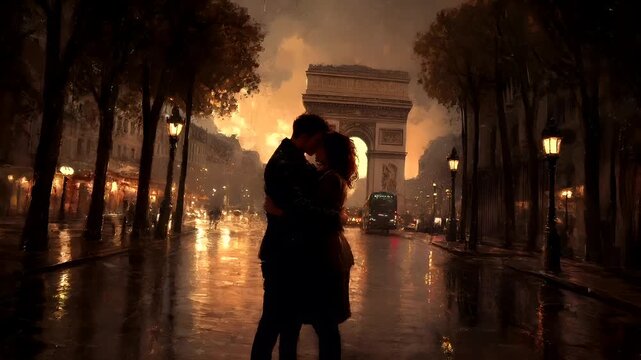 Paris, France, Europe. A romantic scene set against a backdrop of the Arc de Triomphe in Paris during what appears to be either dawn or dusk. The couple is depicted in a close embrace.