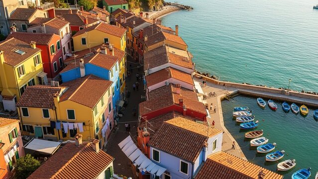 A vibrant cityscape unfolds, showcasing colorful buildings and a serene waterfront - Powered by Adobe