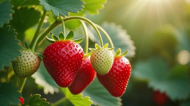 Close-up of ripe strawberries growing on a plant in the garden.