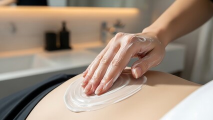 Hand applying white cream to skin in a spa setting massage