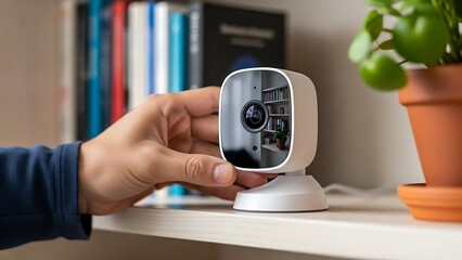 Hand placing small white security camera on a shelf with books smart home technology