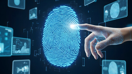 A fingertip scans a futuristic fingerprint, representing secure access and personal data in a digital world