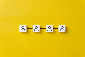 Human resources process flow illustrated with dice on yellow background, personnel management sequence, team expansion concept