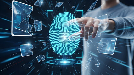 Person interacts with a holographic fingerprint for decentralized digital identity biometrics verification, showcasing future technology.