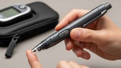 Person using a blood glucose meter and lancet device for diabetes testing glucose monitor