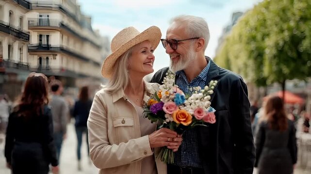Paris, France, Europe. A candid shot of a man and woman standing outdoors with a bouquet of flowers. The man, wearing glasses and a blue shirt.