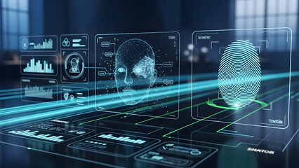 Modern technology showcasing Decentralized Digital Identity Biometrics with fingerprint and facial recognition analysis, a futuristic digital interface.