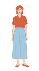 Young woman standing in casual outfit with red shirt and blue pants.