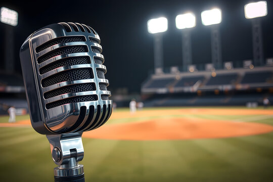 Vintage microphone on baseball field broadcasting night game
