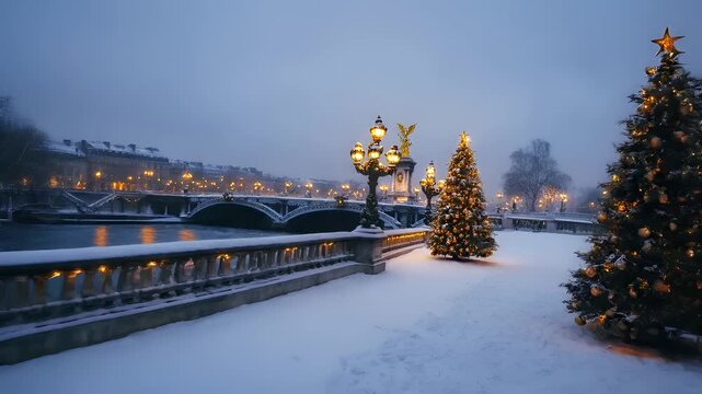 Paris, France, Europe. A snowy night scene featuring a large, ornate street lamp on a bridge. The lamp is illuminated, casting a warm glow on the surrounding area. The sky is a deep blue.