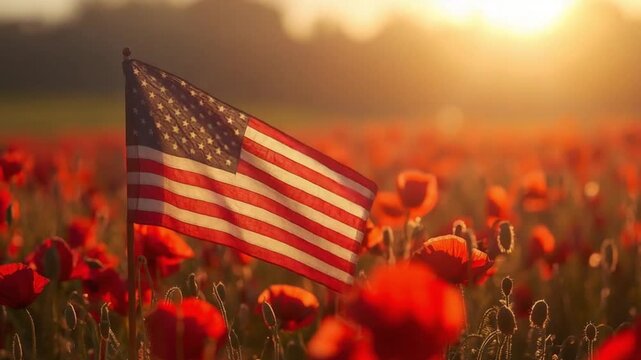 American Flag Among Red Poppies Honoring Memorial Day
