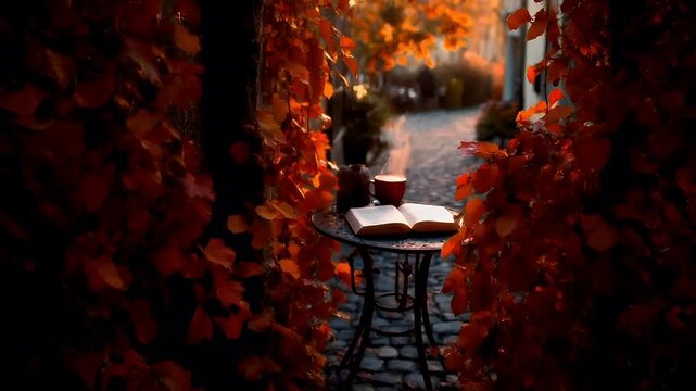 Paris, France, Europe. autumnal scene with a cobblestone street and a small table with a book and a cup of coffee on it.