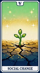 ひび割れた大地から芽生える希望を描いたピクセルアートタロットカード