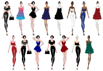 a vibrant grid of diverse fashion illustrations depicting female models showcasing various contemporary outfits and styles.