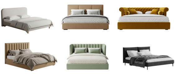 a set of modern and comfortable beds, showcasing various upholstered designs and styles for contemporary bedroom interiors.