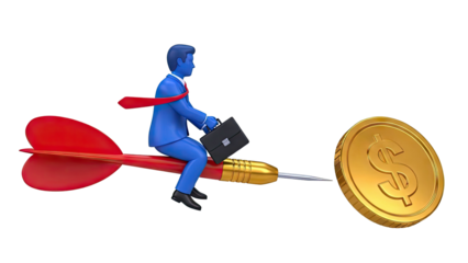 Businessman Riding Dart Towards Dollar Coin