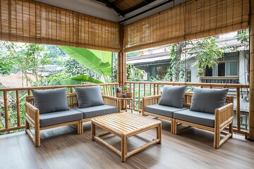 Obraz premium Cozy Bamboo Patio Furniture Set with Cushions in Natural Outdoor Setting