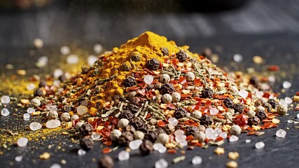 A vibrant cascade of assorted whole peppercorns aromatic herbs and coarse sea salt gracefully descends onto a dark textured surface creating a rich and colorful blend of culinary spices for gourmet c.