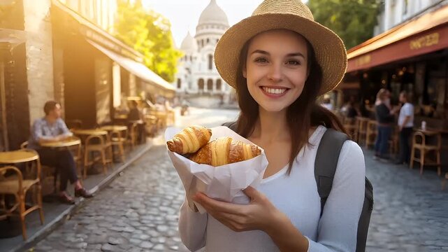 Paris, France, Europe. A woman in a straw hat holds a basket of croissants on a cobblestone street. The scene is bathed in the warm glow of the setting or rising sun.