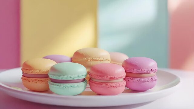 Paris, France, Europe. colorful macarons on a white plate with a pink and yellow background.