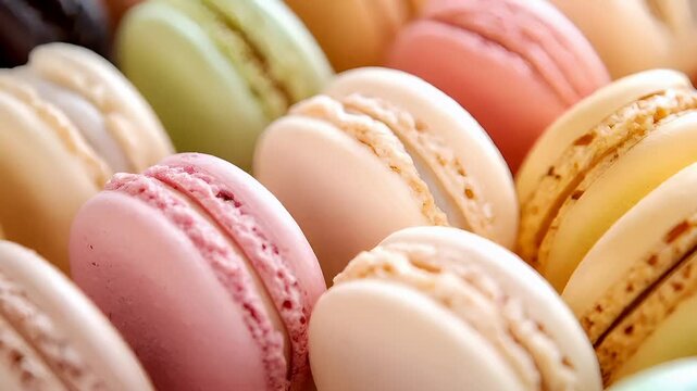 Paris, France, Europe. A closeup view of a variety of macarons, each with its own distinct color and texture. The colors range from pastel pinks and greens to creamy whites and browns.