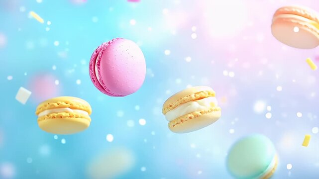 Paris, France, Europe. 3D rendered macarons on a pastel blue background with floating confetti and confetti particles.