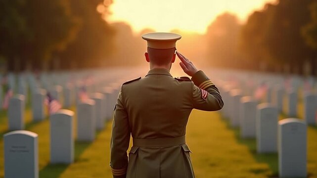 Saluting Officer in Military Cemetery on Memorial Day Morning
