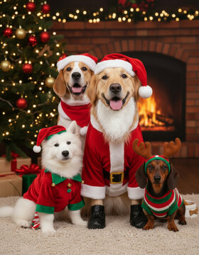 Cuatro perros con trajes de Navidad posando en una sala decorada festiva