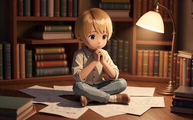 Blond girl sits on floor, drawing sketches under warm library lamp light.