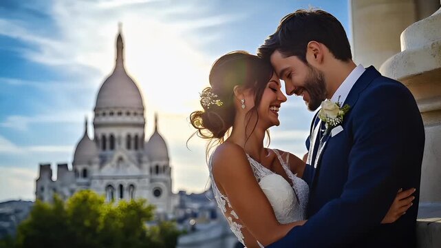 Paris, France, Europe. A wedding couple shares a tender moment against the backdrop of the Basilica of the Sacred Heart of Paris during sunset.