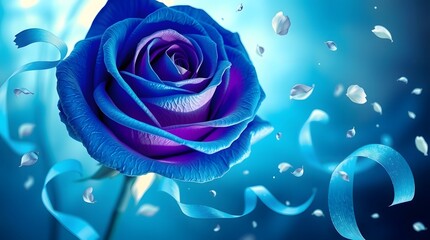 Enchanting blue rose with flowing ribbons and petals