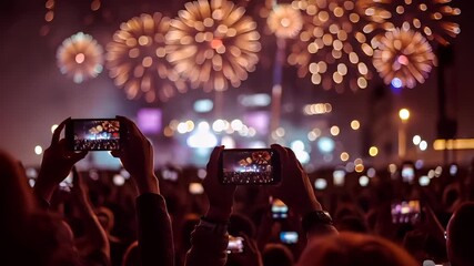 Chinese lunar new year holiday celebration. Spring festival tradition. Chunjie. Asia. A crowd of people at a nighttime event, capturing the moment with their smartphones.