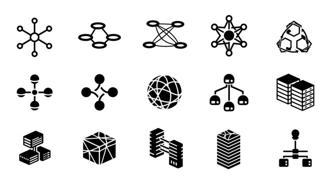 Set of various black network and connection icons representing data and communication structures.