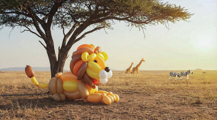 Fototapeta premium A whimsical balloon art lion rests under an acacia tree in an African savanna sunset, accompanied by balloon giraffes and zebras in the background.