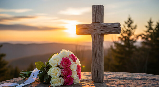Una cruz de madera junto a una vela encendida y un ramo de flores sobre una losa de piedra