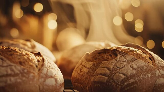 Four freshly baked, golden brown loaves of rustic bread with airy structure, emitting steam, displayed on a cooling rack.