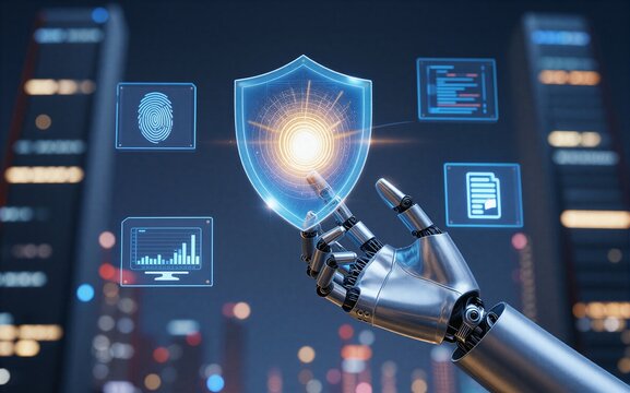 Robot hand holds glowing shield, futuristic interface displays data in neon-lit city background. - Powered by Adobe