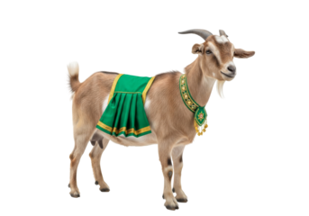 goat in festive green cloth with gold trim for ramadan eid mubarak