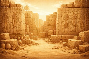Stone structures stand tall in Egyptian ruins as hieroglyphics tell stories of the past during a warm sunset over the dusty landscape.