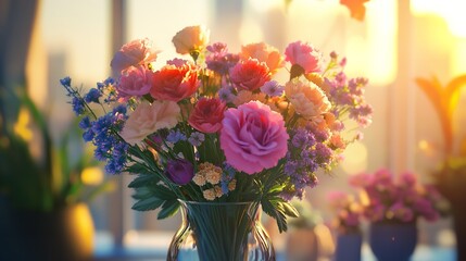 Vibrant bouquet of flowers in soft sunlight