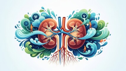 Colorful Artistic Illustration of Human Kidneys with Abstract Elements