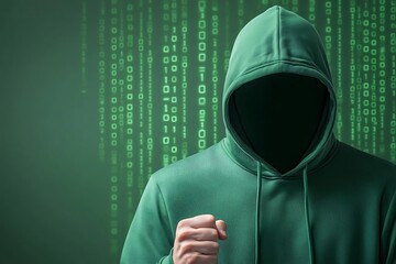 Mysterious Figure in Green Hoodie with Binary Code Background Representing Cybercrime and Technology