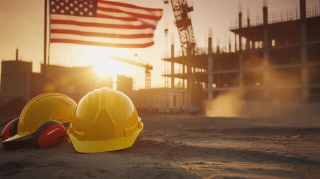 Yellow Hard Hats and Ear Protection on Construction Site with Us Flag at Sunset