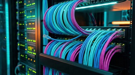 Vibrant blue and pink network cables connect a modern data center server rack, symbolizing advanced IT infrastructure and global connectivity.