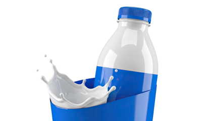 Milk Splash from Plastic Bottle with Blue Cap and Label