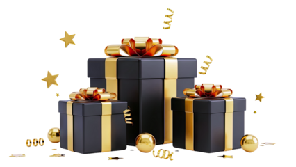 Luxurious Black and Gold Gift Boxes with Festive Decorations