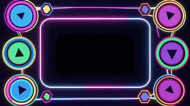 Vibrant Neon Frames Surrounding Screens with Play Buttons.