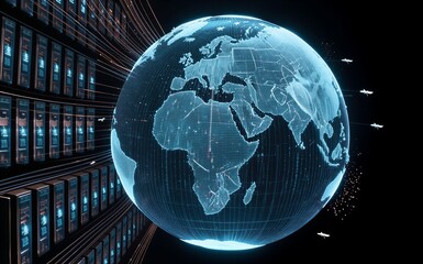 Digital globe connects global servers, symbolizing worldwide data exchange and cloud technology.