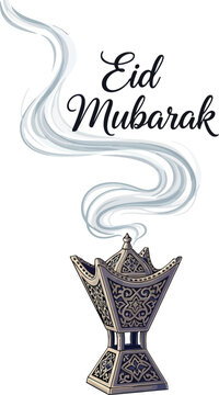 Elegant eid mubarak greeting illustration with traditional bakhoor incense burner and smoke